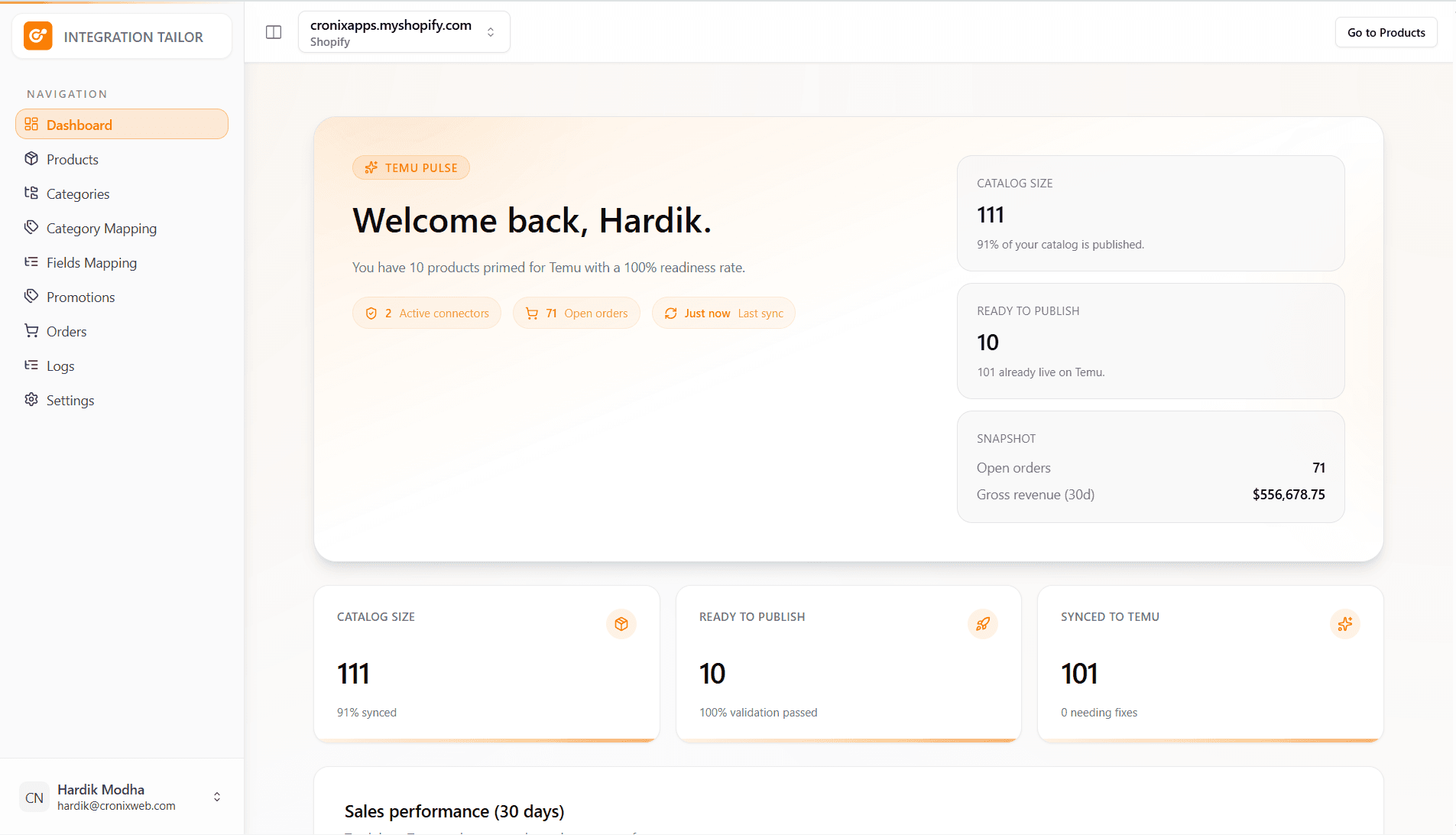 Integration Tailor sync dashboard